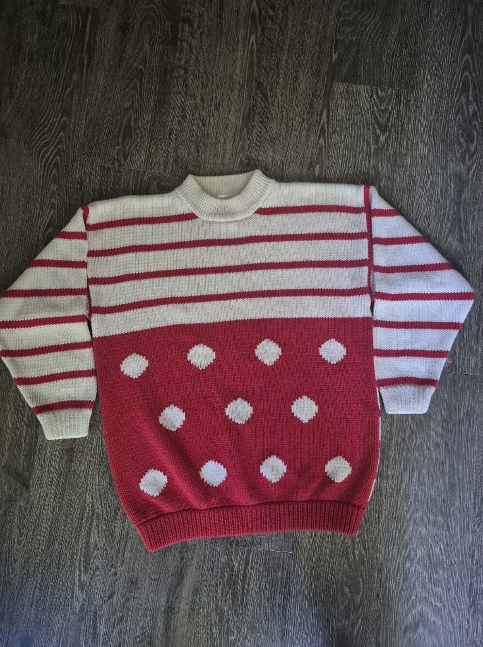 Esprit Cream and Red Striped Crewneck Cotton Knit Sweater Small S Vintage Y2K